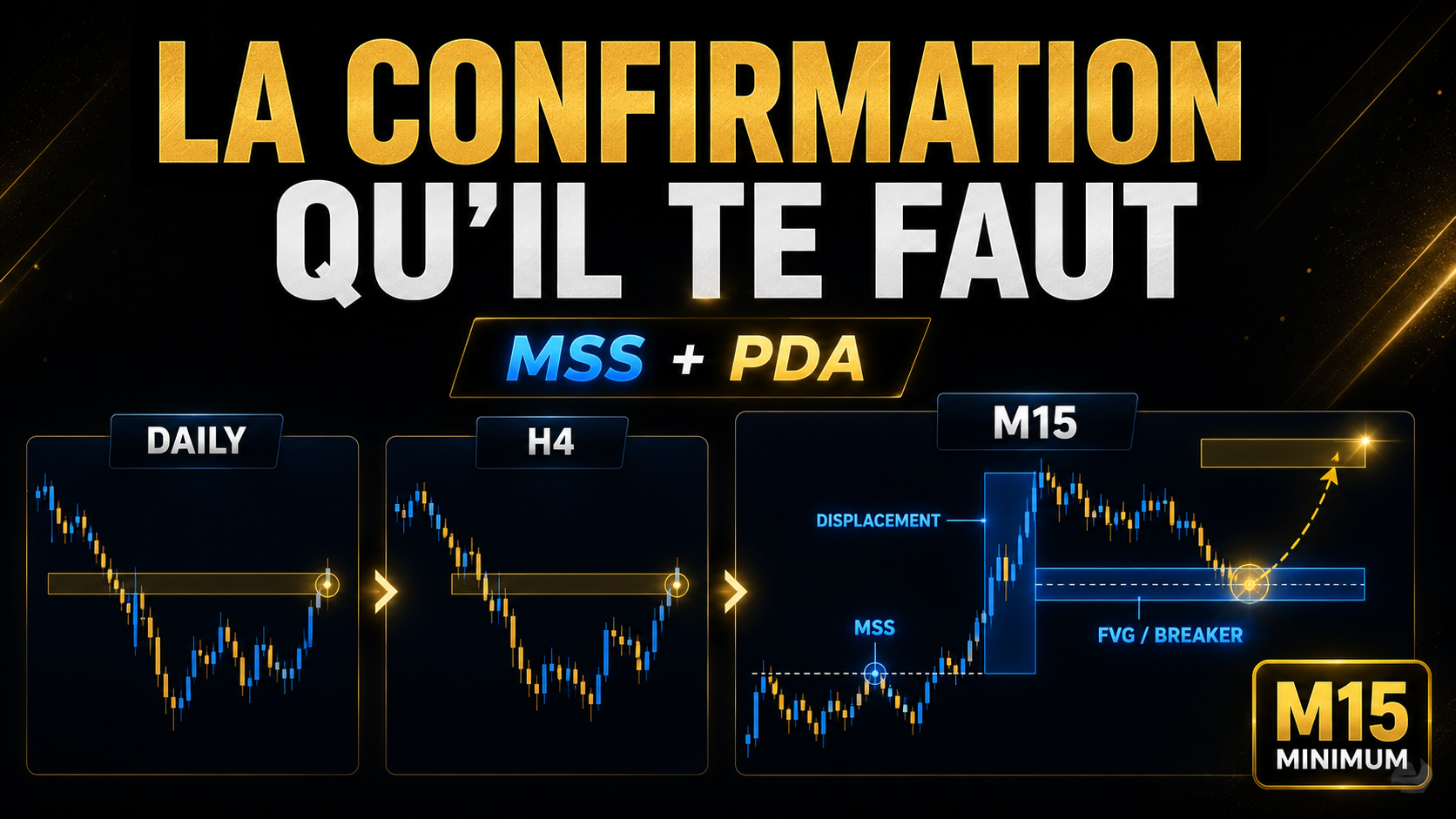 Confirmation de trade avec contexte Daily H4, MSS et PDA en M15