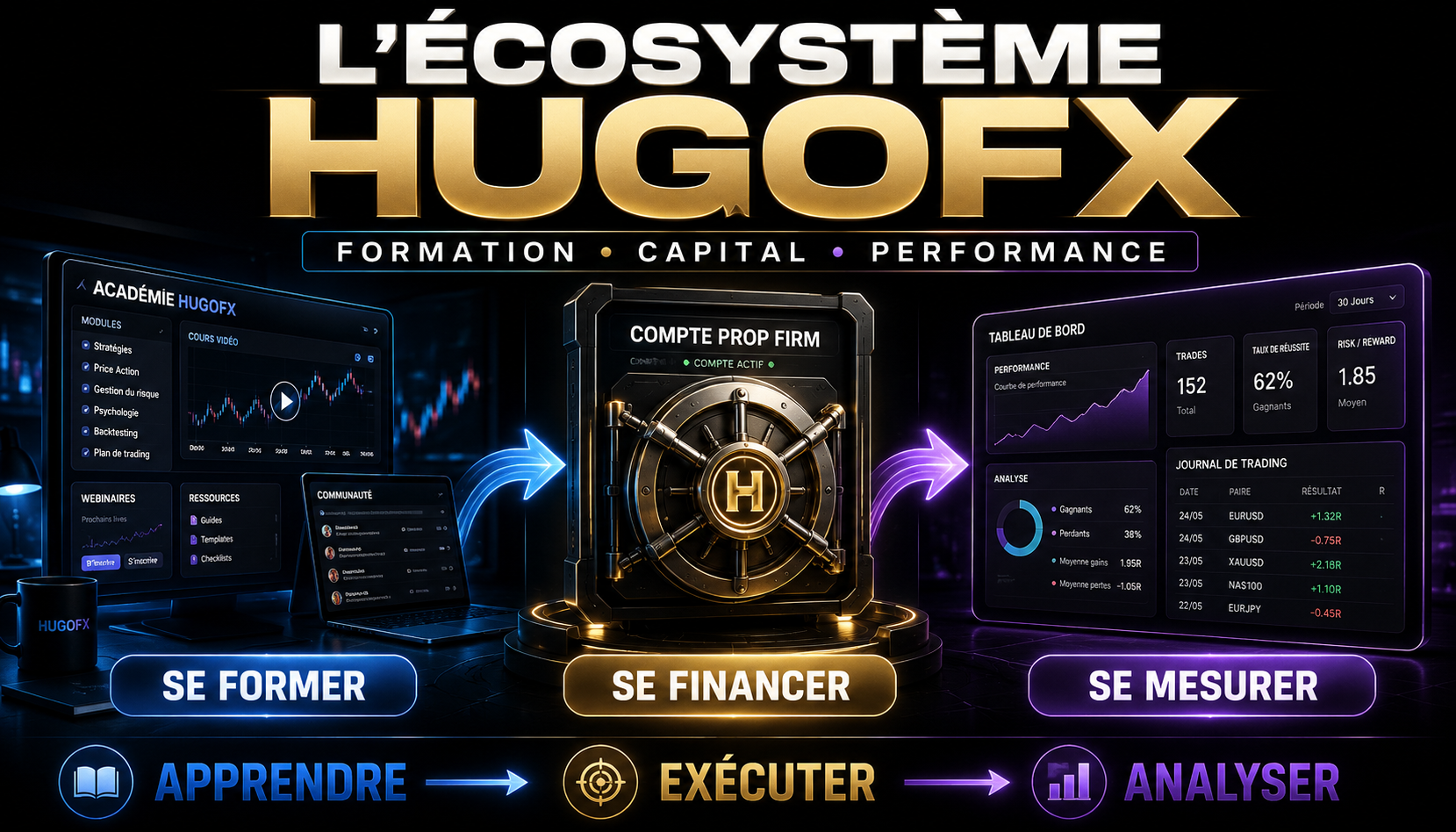 Ecosysteme HugoFX : se former avec l'academie, se financer avec une propfirm et mesurer ses performances avec un journal de trading