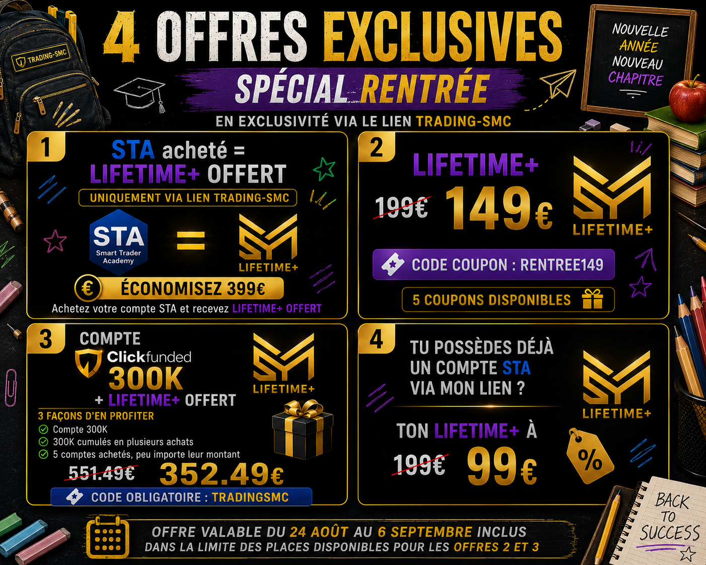 Quatre offres exclusives Trading-SMC pour la rentr&eacute;e 2026