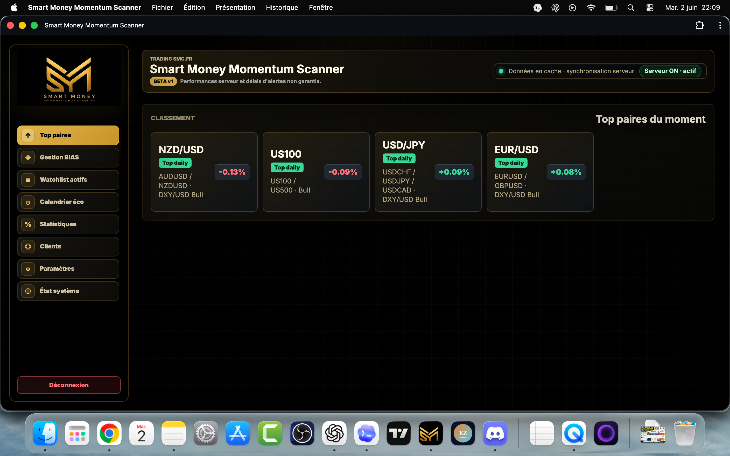 Dashboard principal Smart Money Momentum Scanner