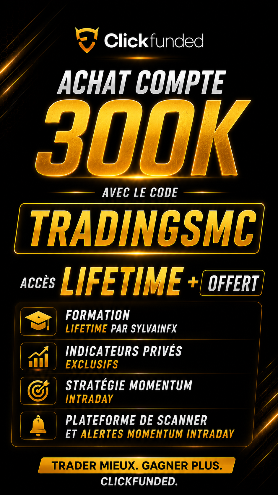 Compte Clickfunded 300K achete avec le code TRADINGSMC et Lifetime + offert